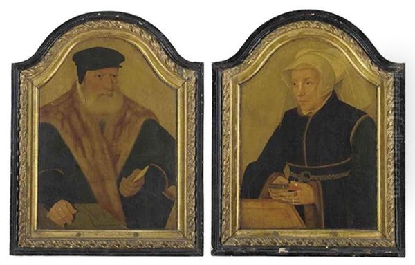 Portrait Of A Bearded Gentleman, In A Black Coat And Cap... (+ Portrait Of A Lady, In A Black Gown And White Wimple, Holding A Book; Pair) - view 1