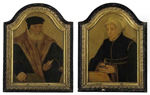 Portrait Of A Bearded Gentleman In A Black Coat And Cap...(+ Portrait Of A Lady In A Black Gown And White Wimple, Holding A Book; Pair) - view 1