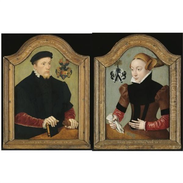 Portrait Of Nicolaus Von Gail, Aged 26, Wearing A Black Doublet With Red Sleeves And Holding A Book And A Pair Of Gloves (+ Portrait Of Sophie Von Wedigh, Aged 21, Wearing A Black And Red Dress; Pair) - view 1