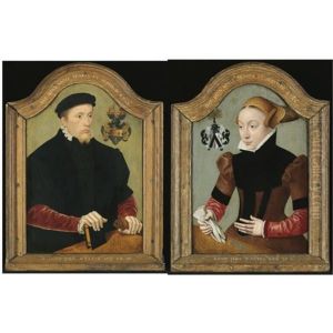 Portrait Of Nicolaus Von Gail, Aged 26, Wearing A Black Doublet With Red Sleeves And Holding A Book And A Pair Of Gloves (+ Portrait Of Sophie Von Wedigh, Aged 21, Wearing A Black And Red Dress; Pair) by Bartholomaeus (Barthel) Bruyn the Younger