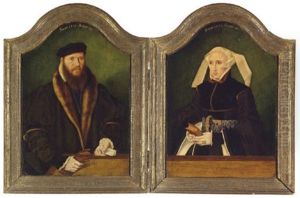 Portrait Of A Gentleman In A Fur-lined Coat And Portrait Of A Lady In A Black Dress And Pearl Encruste (diptych) by Bartholomaeus (Barthel) Bruyn the Younger