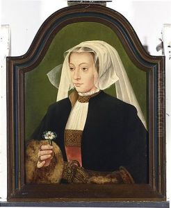 A Portrait Of A Lady Wearing A Red Dress, White Chemise, A Black Fur-lined Coat And A White Headdress, Holding A Carnation by Bartholomaeus (Barthel) Bruyn the Younger