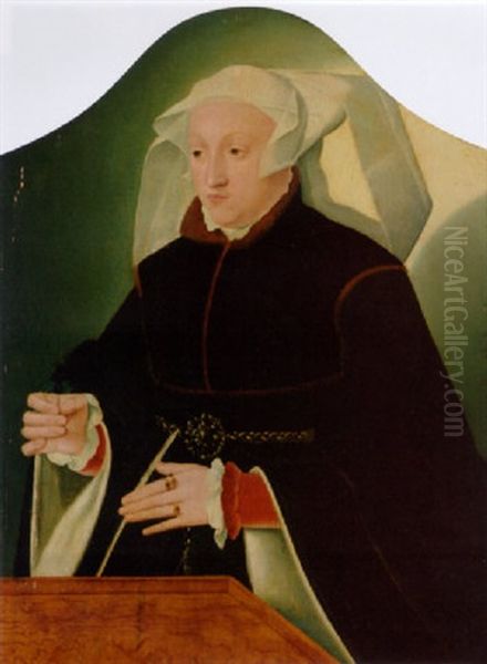 Portrait Of A Lady In A Black Dress With A White Headdress, Holding A Flower At A Table - view 1