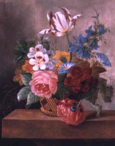 Still Life With Roses And Other Flowers In A Basket by Cornelis De Bruyn