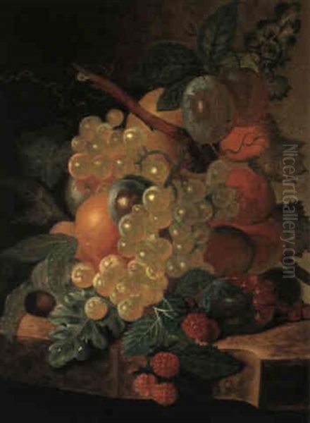 Still Life With Plums, Grapes, Peaches, Raspberries And Currants On A Ledge - view 1