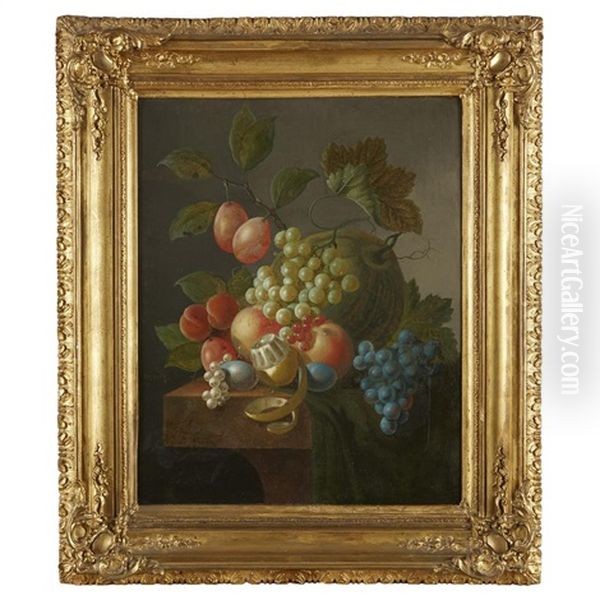 Mixed Fruits With Draped Cloth On A Stone Ledge - view 1