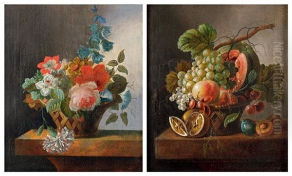 Corbeille De Fleurs Et Corbeille De Fruits: Melon, Raisin, Groseilles, Et Questches Sur Un Entablement (pair) - view 1