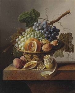 Grapes, An Orange And Walnuts In A Wicker Basket With A Lemon And Plums, All On A Marble Ledge by Johannes Cornelis de Bruyn
