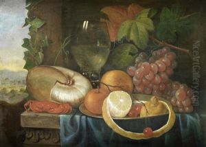A Lemon, Orange And Cherries In A Pewter Dish With A Crab, Roemer And A Bunch Of Grapes On A Draped Table Top by Johannes Cornelis de Bruyn