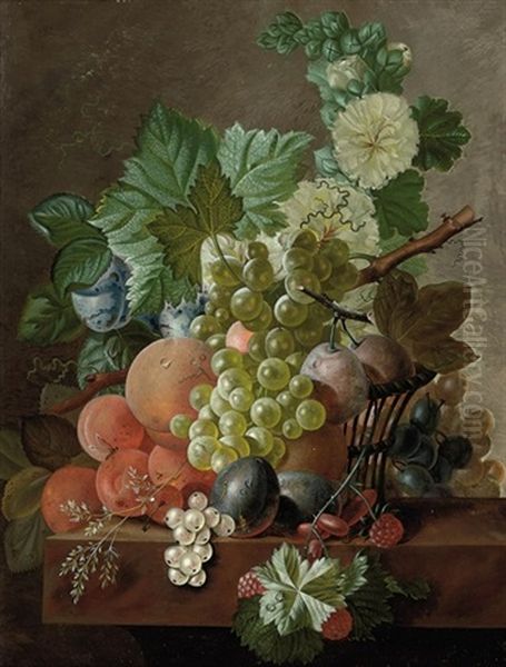 Grapes, Peaches, Plums, Gooseberries, Raspberries And Other Fruit On A Stone Ledge - view 1