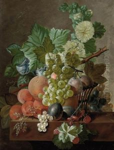 Grapes, Peaches, Plums, Gooseberries, Raspberries And Other Fruit On A Stone Ledge by Johannes Cornelis de Bruyn