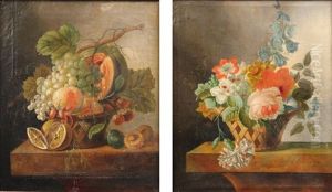 Nature Morte Aux Raisins Et Citrons (+ Bouquet De Fleurs; Pair) by Johannes Cornelis de Bruyn