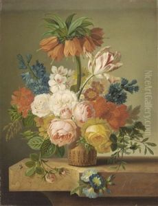 A Still Life With Roses, Tulips, Morning Glory And Various Other Flowers In A Vase On A Ledge A Still Life With Roses, Tulips, Morning Glory And Various Other Flowers In A Vase On A Ledge