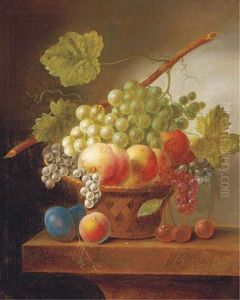 Grapes, Peaches, Prunes And Cherries In A Basket, On A Ledge