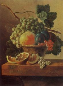 A Still Life Of Grapes, A Peach, Prunes And Red Currants In A Basket, Together With An Orange And White Currants On A Marble Ledge by Johannes Cornelis de Bruyn