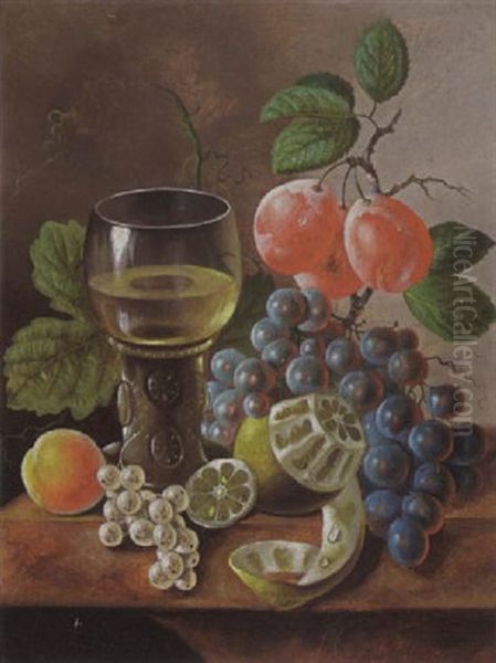 A Still Life Of Grapes, A Peeled Lemon, Prunes, Berries, A Peach And A Roemer With White Wine, All On A Marble Ledge - view 1