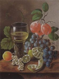 A Still Life Of Grapes, A Peeled Lemon, Prunes, Berries, A Peach And A Roemer With White Wine, All On A Marble Ledge