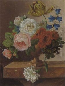 A Still Life Of Roses, Tulips, A Carnation, A Daisy And Other Flowers, All In A Vase On A Marble Ledge