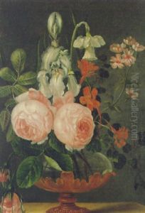 A Still Life Of An Iris, Roses, A Narcissus And Other Flowers In An Ormolu-mounted Glass Vase On A Stone Ledge
