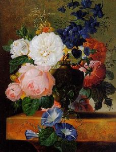 Still Life With Roses And Other Flowers In A Vase On A Ledge by Johannes Cornelis de Bruyn
