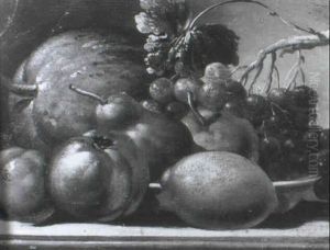 A Melon, Apples, A Pear And A Dish With Cherries On A Ledge