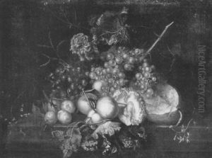 Grapes, Peaches, Plums, Raspberries, Melon And A Carnation On A Ledge by Johannes Cornelis de Bruyn