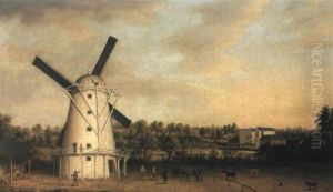 A Windmill In A Wooded River Landscape, With Figures, Animals, And Buildings by Theodore de Bruyn