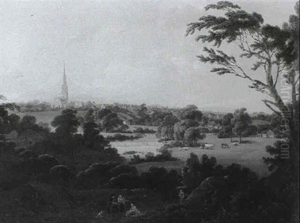 Figures Resting Before A Town And River - view 1