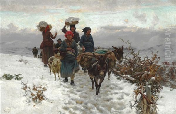 Italian Farmers Crossing A Mountain Pass At Winter Time - view 1