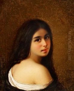 Young Woman With Dark Flowing Hair And Low-cut Dress by Mikhail Vasilievich Bryansky