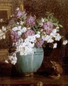 Floral Still Life In Turquoise Vase by Everett Lloyd Bryant
