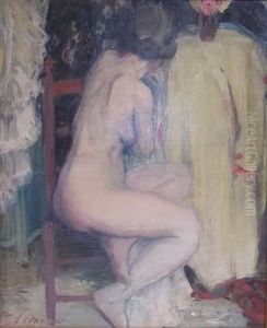Impressionist Portrait Of A Nude Woman Seated With Her Back To The Observer And Leaning Her Chin On The Back Of The Chair
