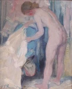 Impressionist Portrait Of A Nude Leaning To Lay A White Dress On A Blue Armchair by Everett Lloyd Bryant