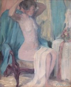 Impressionist Portrait Of A Nude Seated In A Chair With A White Drape Across Her Lap As She Dresses Her Hair