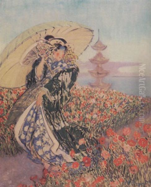 Japanese Woman Amongst The Flowers - view 1