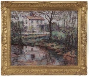 House By A Pond In A Spring Landscape by Maude Drein Bryant