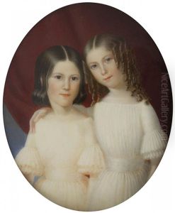 Deux Jeunes Filles, Une Brune Et Une Blonde Tenant La Premiere Par L"epaule, En Robes Blanches, Sur Fond De Rideau Pourpre