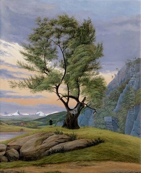 Symbolische Landschaft Im Abendlicht Mit Baum Und Wanderer - view 1