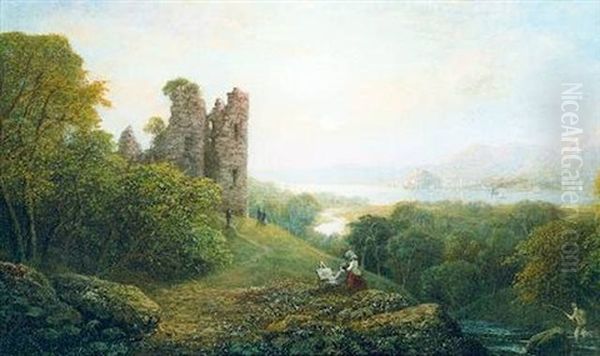 Estuary Scene With Castle Ruin, An Artist And Fisherman In The Foreground - view 1