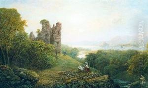 Estuary Scene With Castle Ruin, An Artist And Fisherman In The Foreground