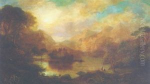 Figures In A Mountainous Loch Landscape With A Ruined Castle Beyond by George F. Buchanan