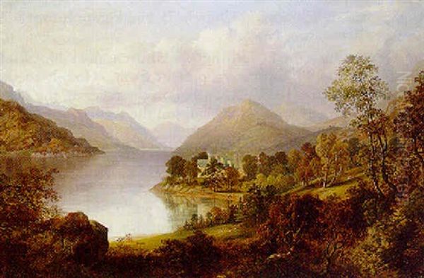Figures On A Beach Before A House In An Extensive Loch Landscape - view 1
