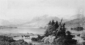 Red Deer Beside A Loch In A Highland Landscape by George F. Buchanan