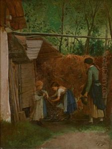 Kinder Stapeln Unter Der Aufsicht Der Mutter Reisig by Josef Bueche