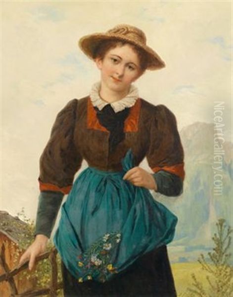 Junge Frau Mit Blumen Vor Gebirgshintergrund - view 1