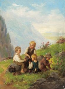 Kinder Beim Almrauschpflucken by Josef Bueche