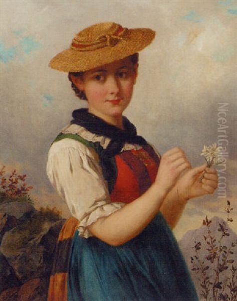 A Young Maiden In Traditional Austrian Dress Picking Edelweiss - view 1
