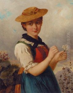 A Young Maiden In Traditional Austrian Dress Picking Edelweiss by Josef Bueche