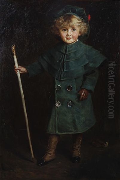 Portrait Of A Young Boy In Green Coat, Tam O'shanter And Spats, Holding A Cane And A Glove At His Feet - view 1