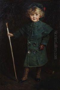 Portrait Of A Young Boy In Green Coat, Tam O'shanter And Spats, Holding A Cane And A Glove At His Feet